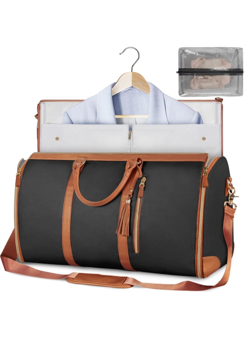 Travel Garment Bag Portable Luggage Organizer Large Capacity PU Leather Duffel Bag (W20.5 x D10.0 x H12.5)inch - Black / Brown 2