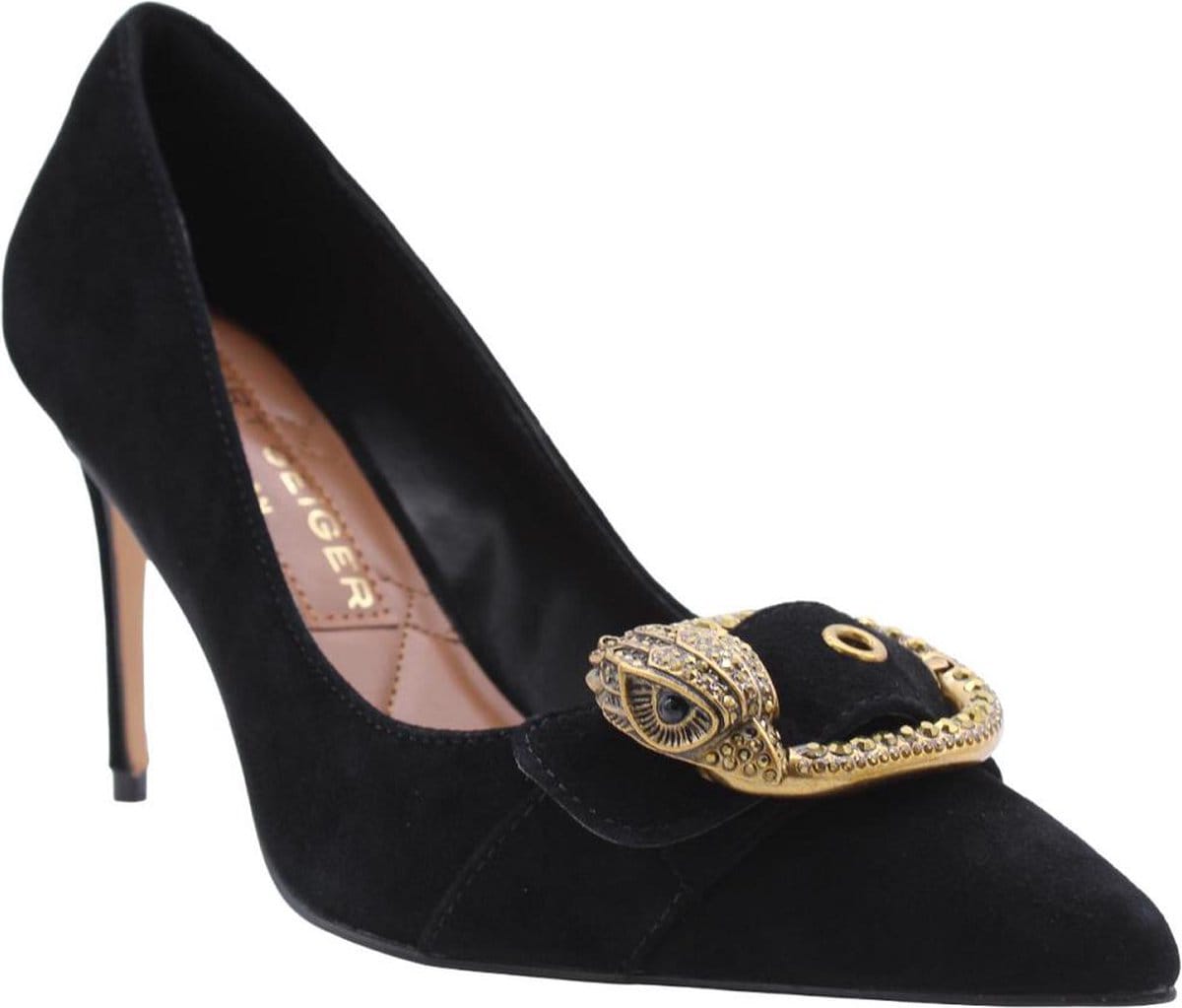 Women's Black Court Heels with Embellished Buckle Detail
