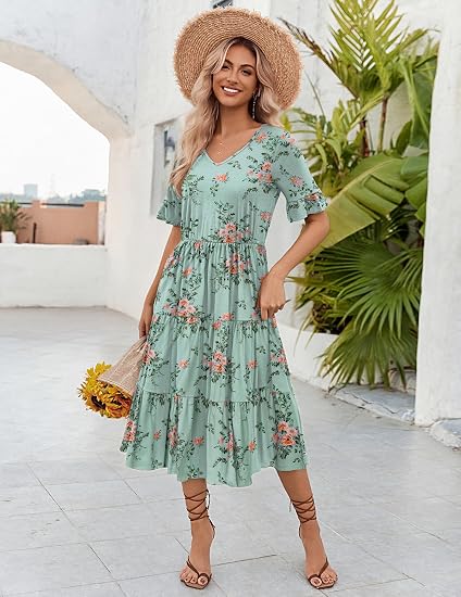 ODODOS Square Neck Midi Dress with Pockets for Women Summer Casual Sleeveless Sundress Flare Tank Dress