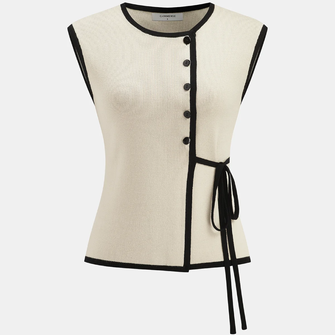 Contrast Trim Wrap Knit Top with Side Tie