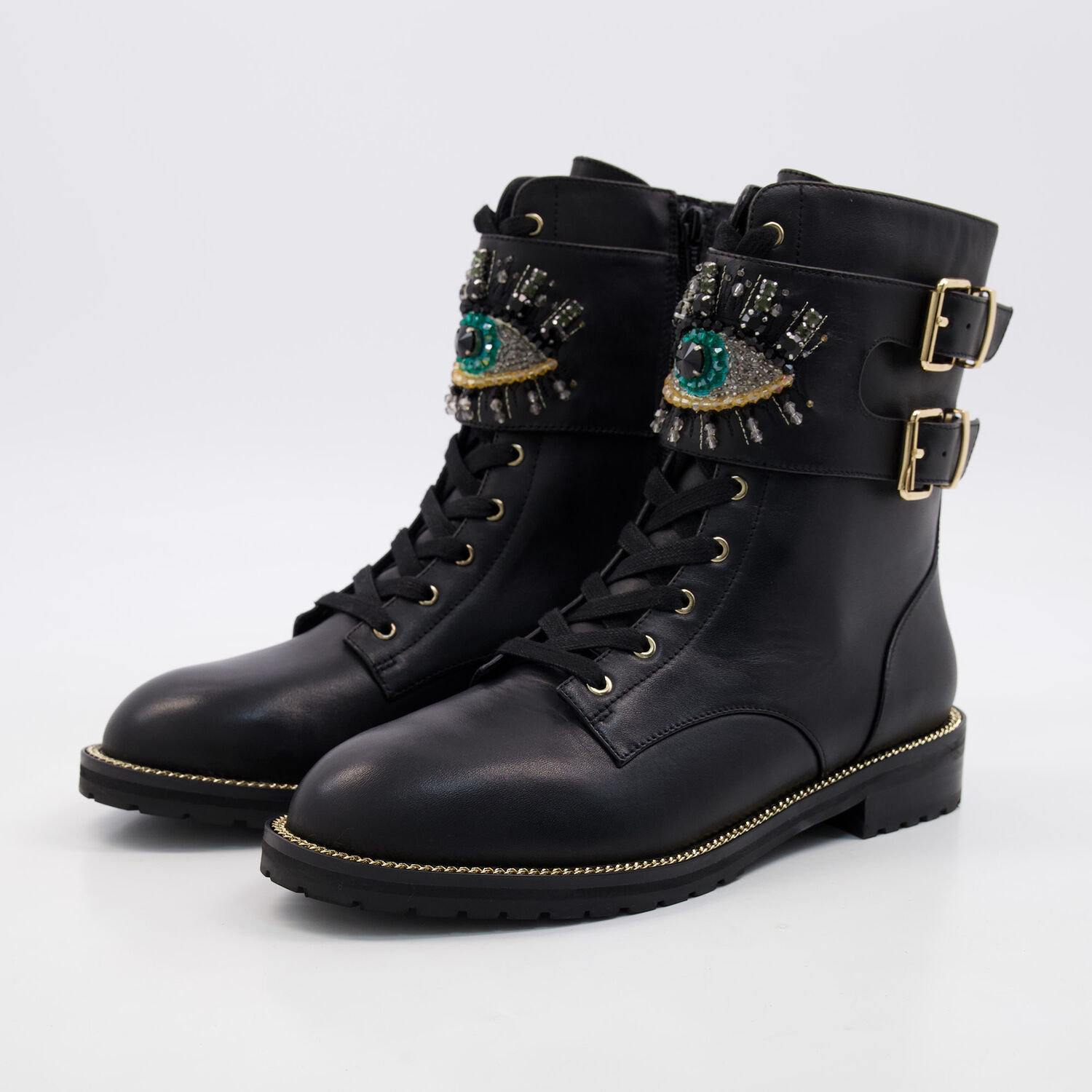 Black Embellished Eye Combat Boots 3