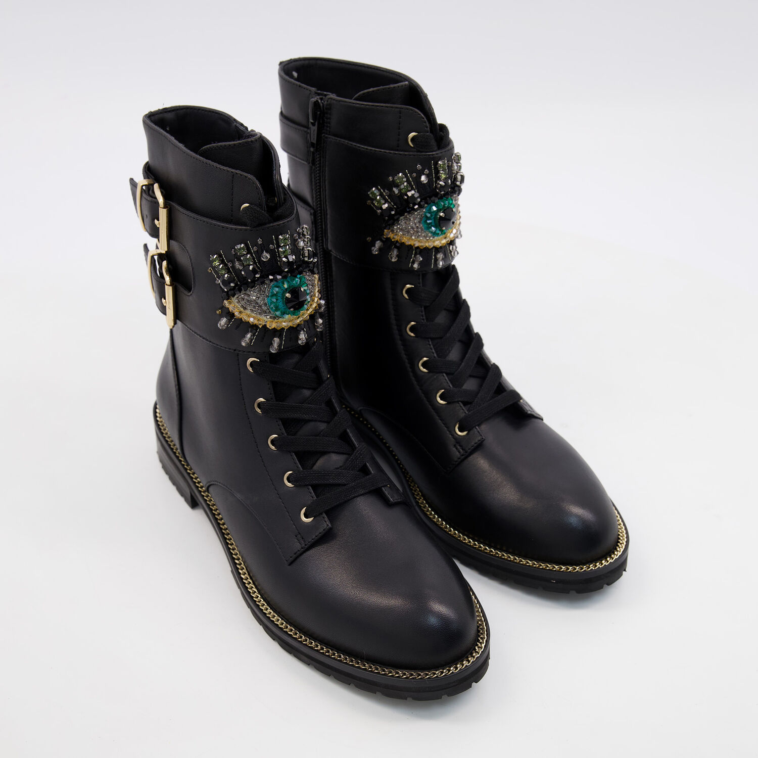 Black Embellished Eye Combat Boots