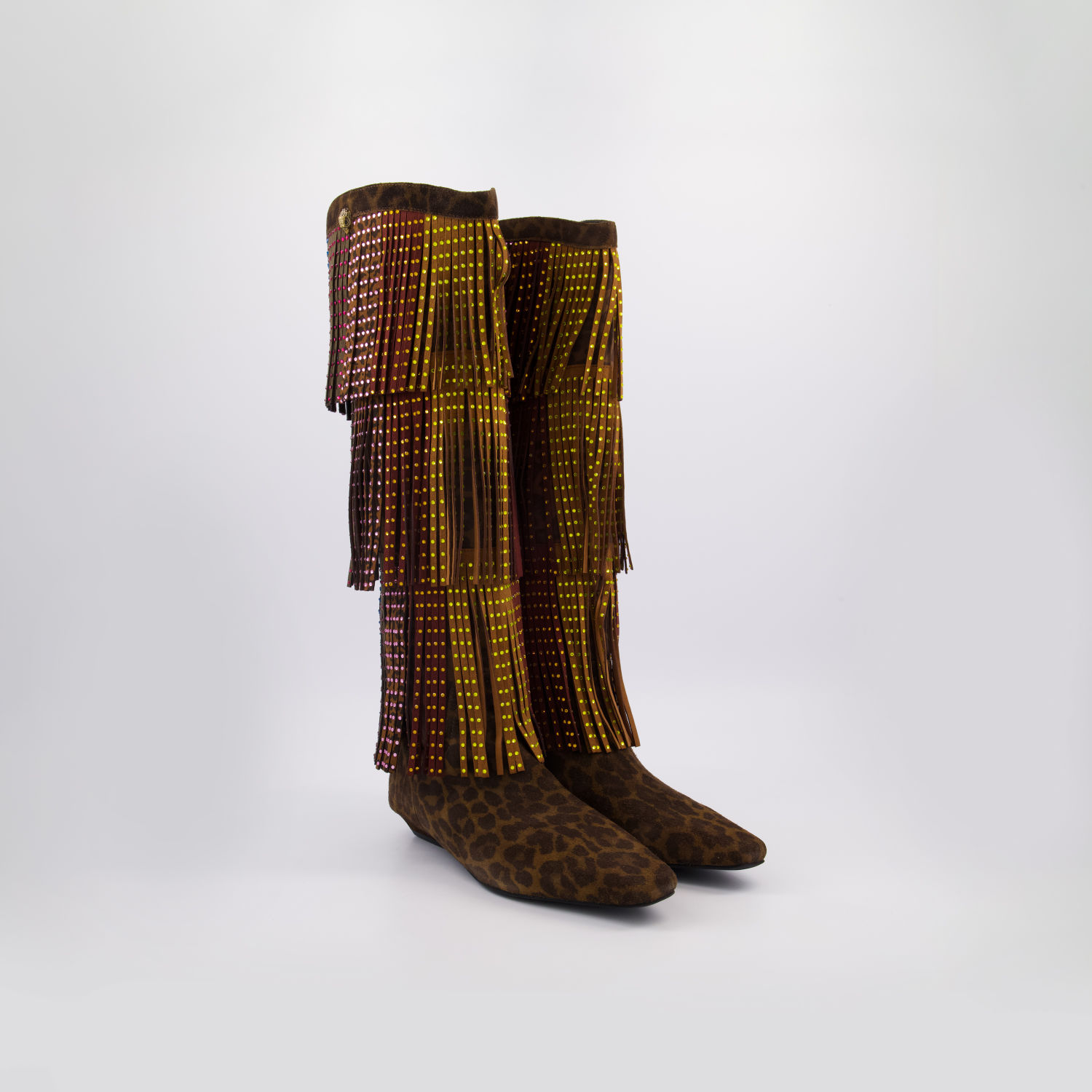 Brown & Multicolour Fringed Knee High Boots