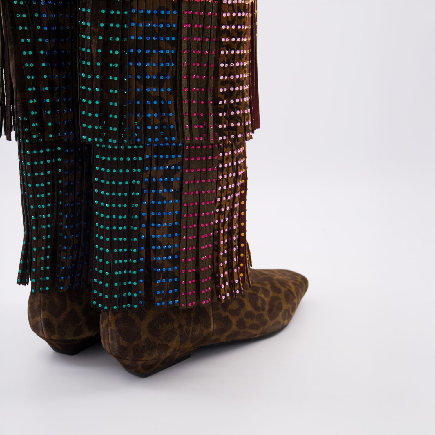  Brown & Multicolour Fringed Knee High Boots 2