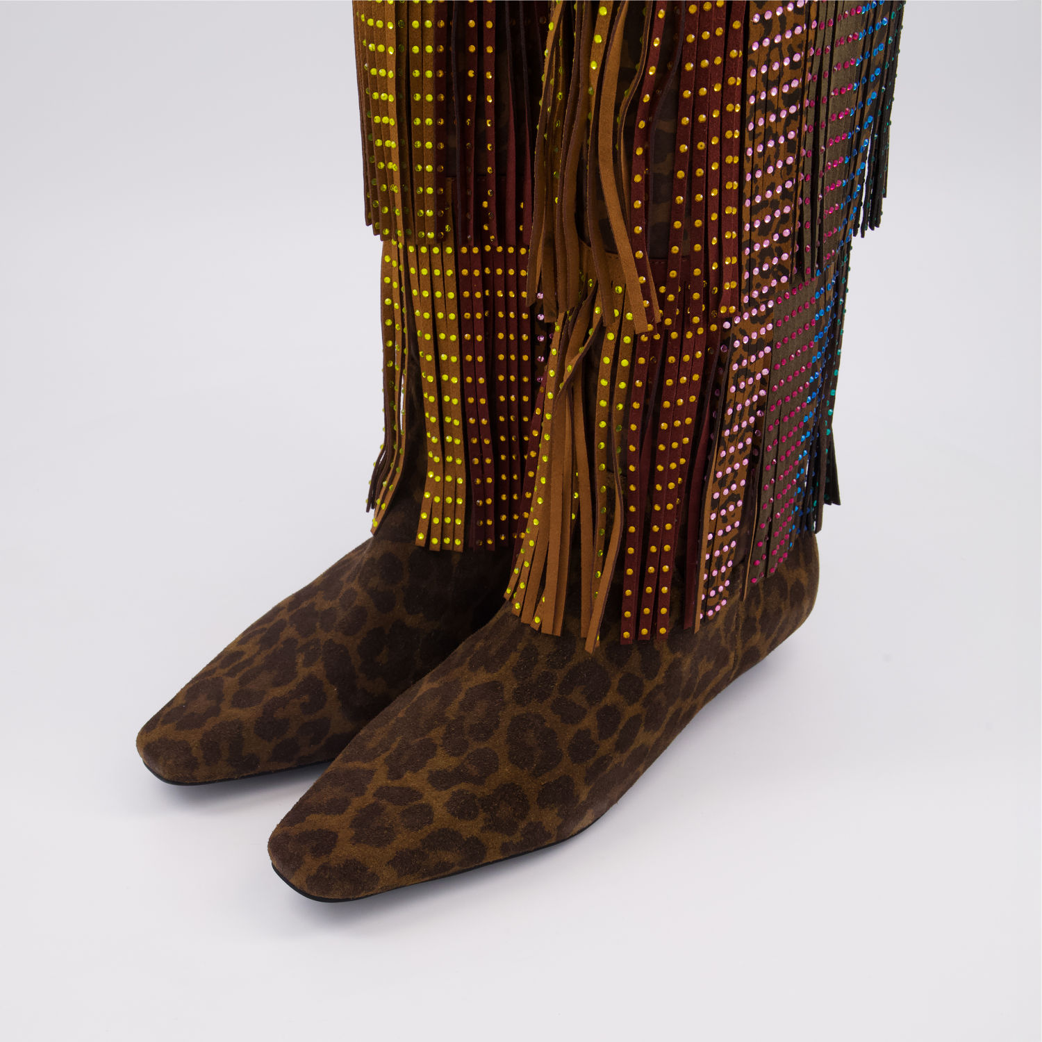  Brown & Multicolour Fringed Knee High Boots 3