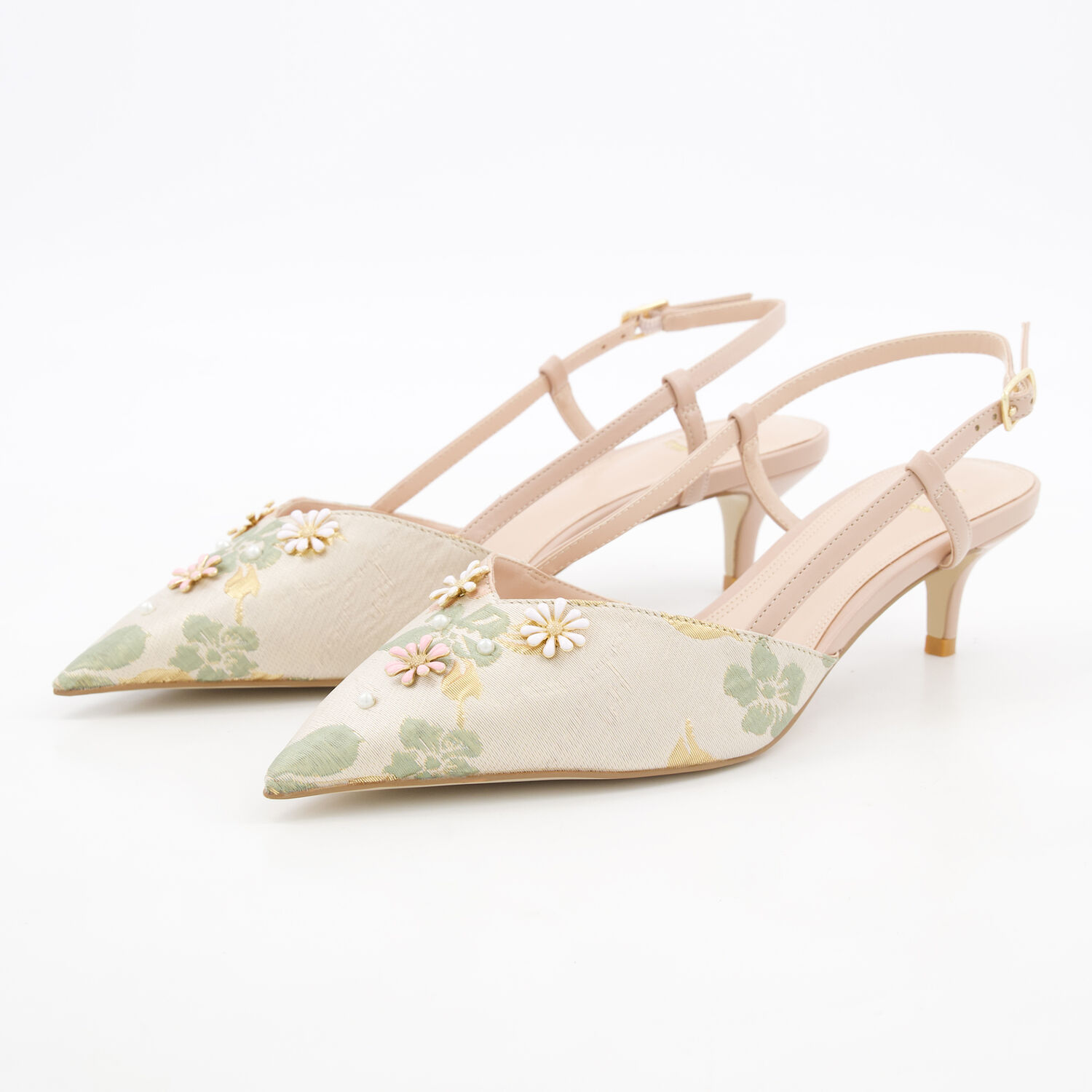 Beige Floral Embellished Slingbacks