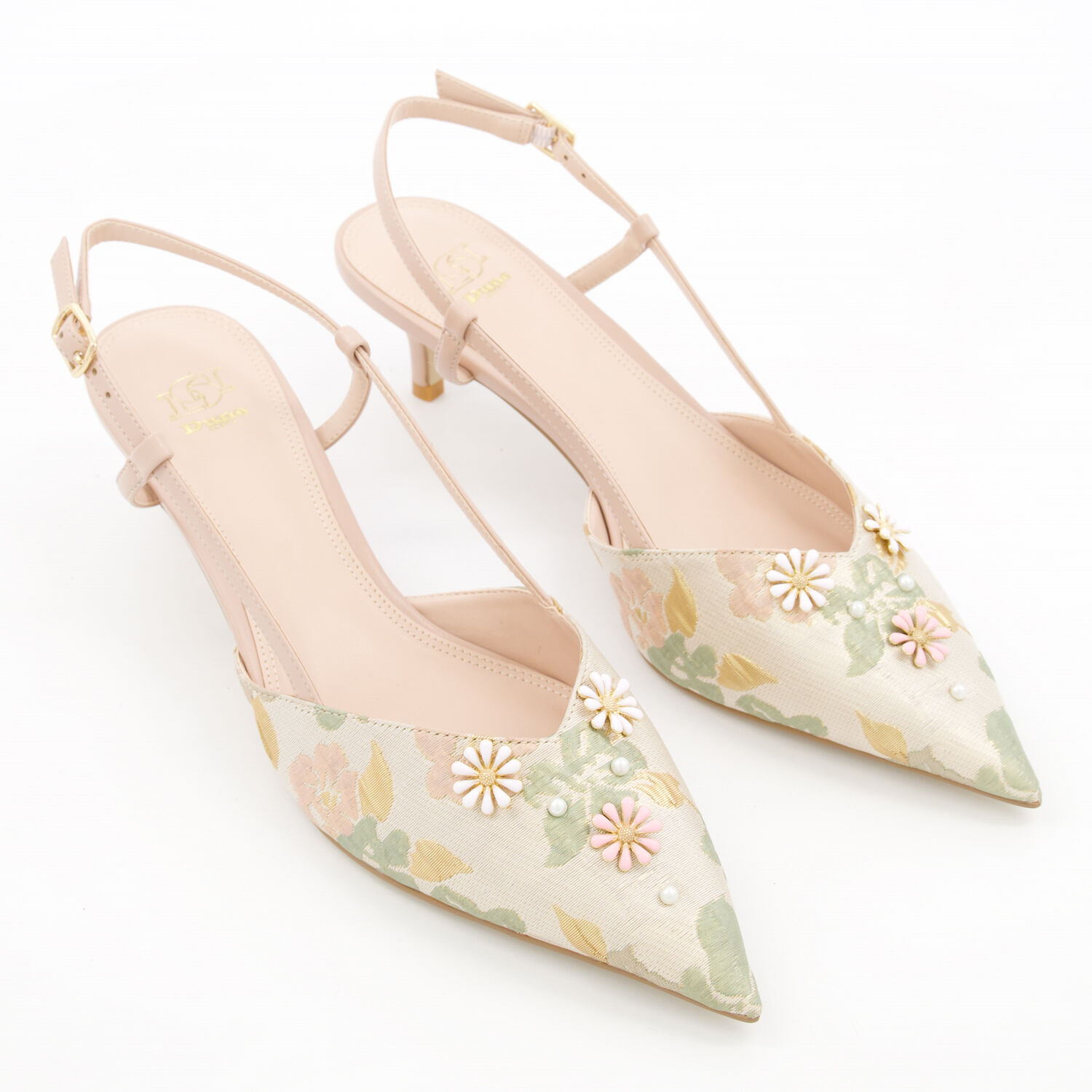 Beige Floral Embellished Slingbacks 3