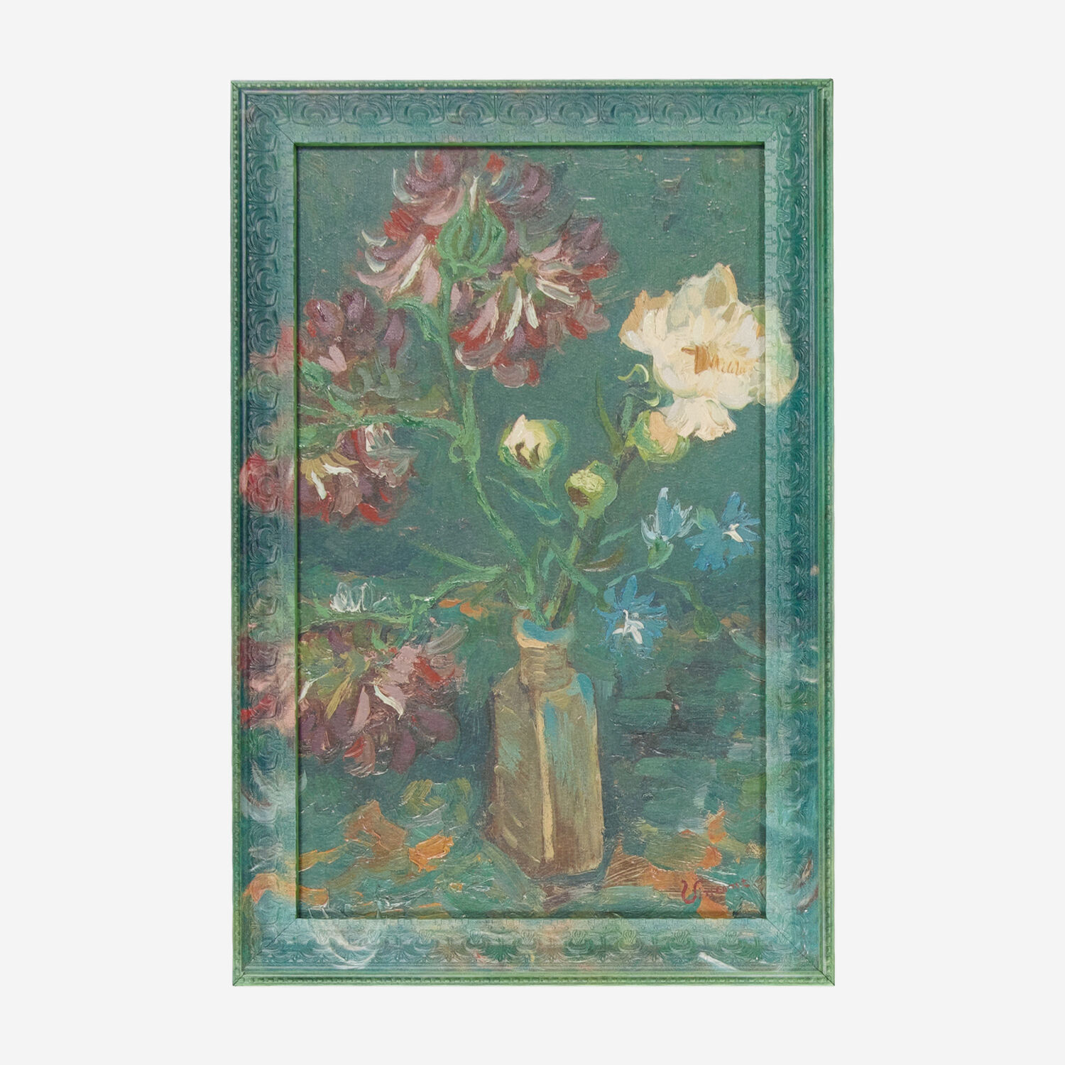 Small Bottle With Peonies & Blue Delphiniums Wall Art