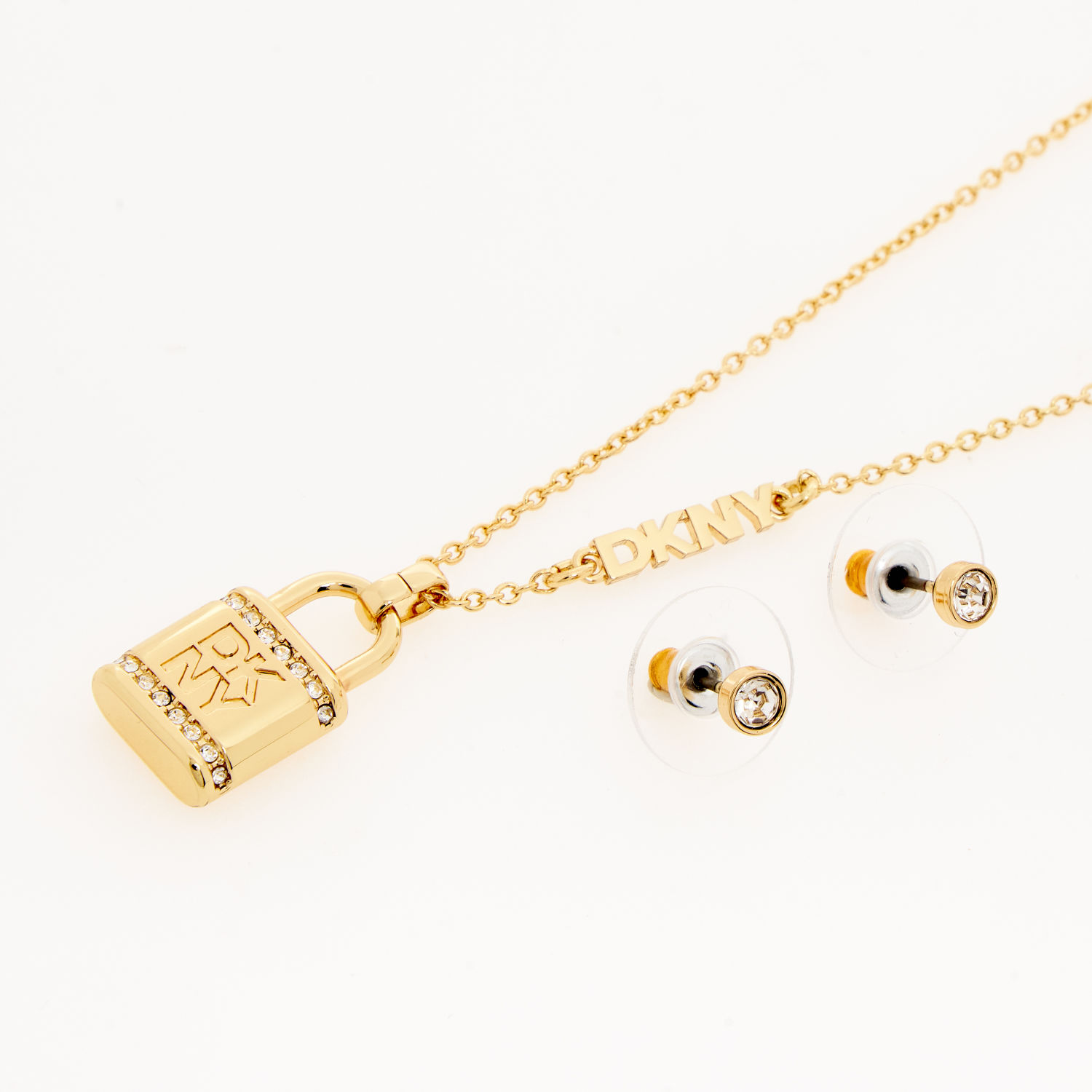 Two Piece Yellow Gold Tone Pave Lock Jewellery Set