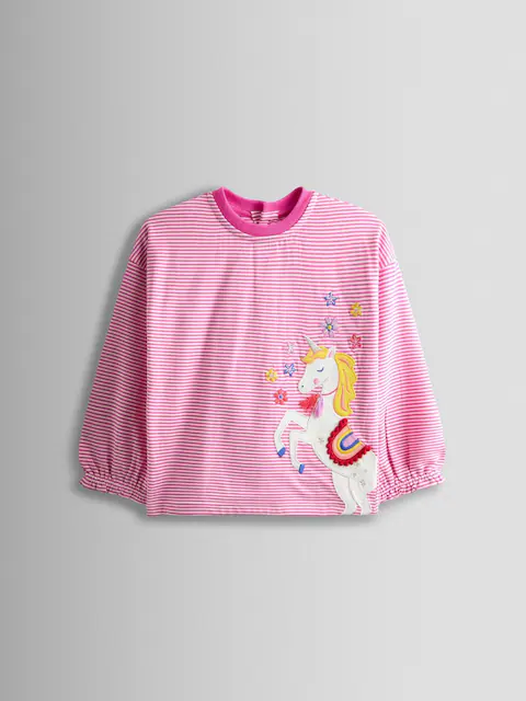 Girls' Pink Striped Unicorn Top