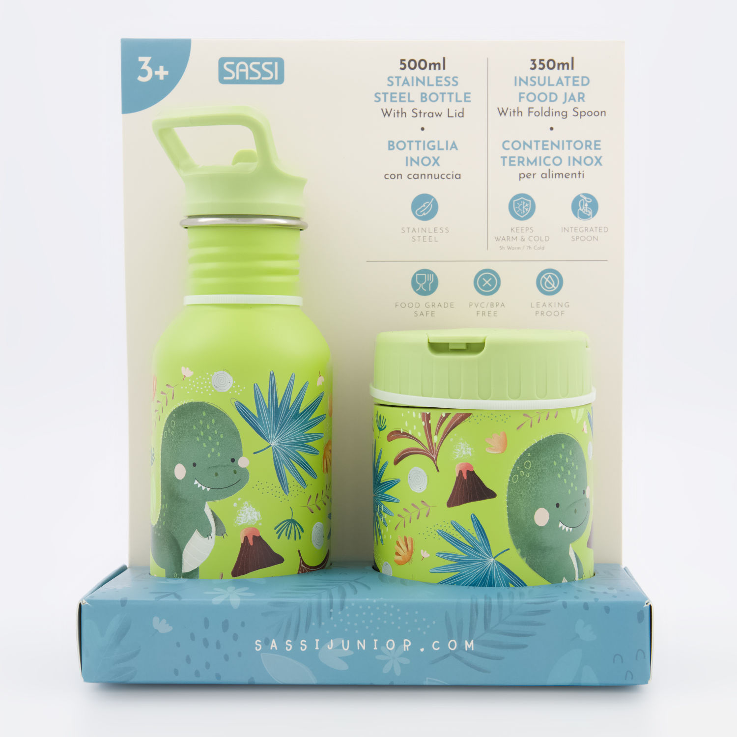 Sassi Junior Dinosaur Stainless Steel Bottle & Insulated Food Jar Set (500ml & 350ml)
