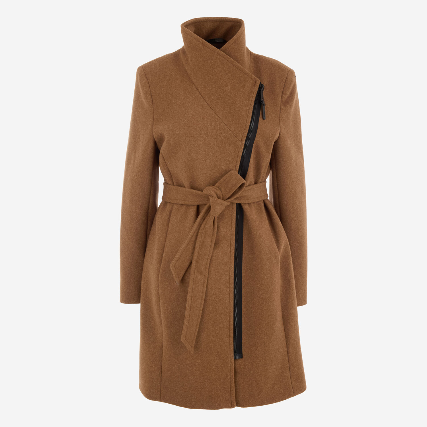 Women's Camel Wrap Zip Belted Coat