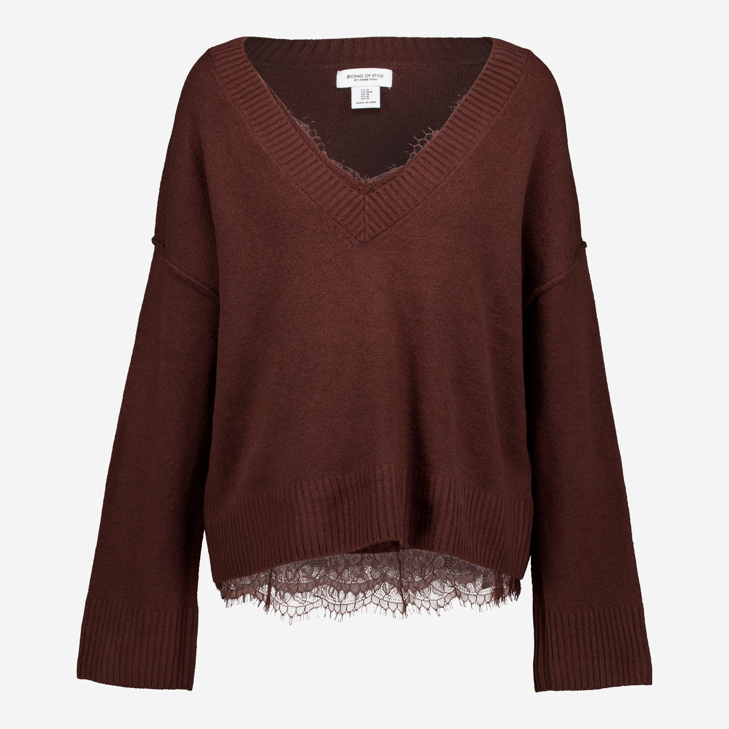  Women's Chocolate Brown Lace Trim V-Neck Jumper
