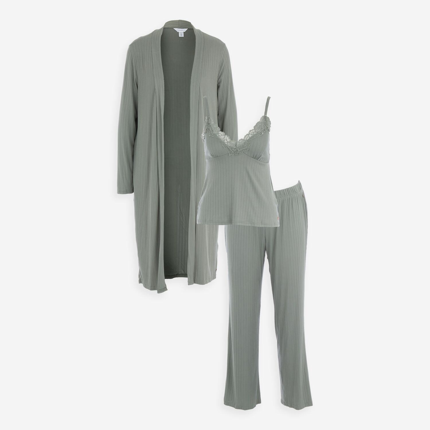 Women's Sage Green Ribbed Longline Cardigan & Trouser Lounge Set