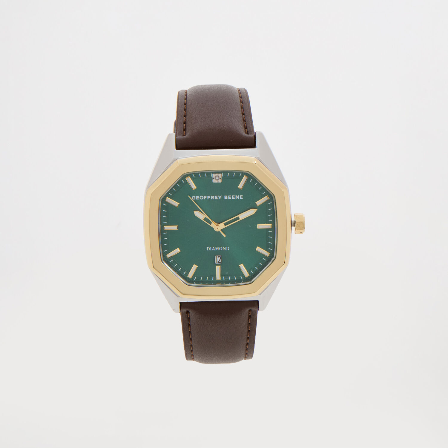 Geoffrey Beene Diamond Green Dial Leather Strap Watch